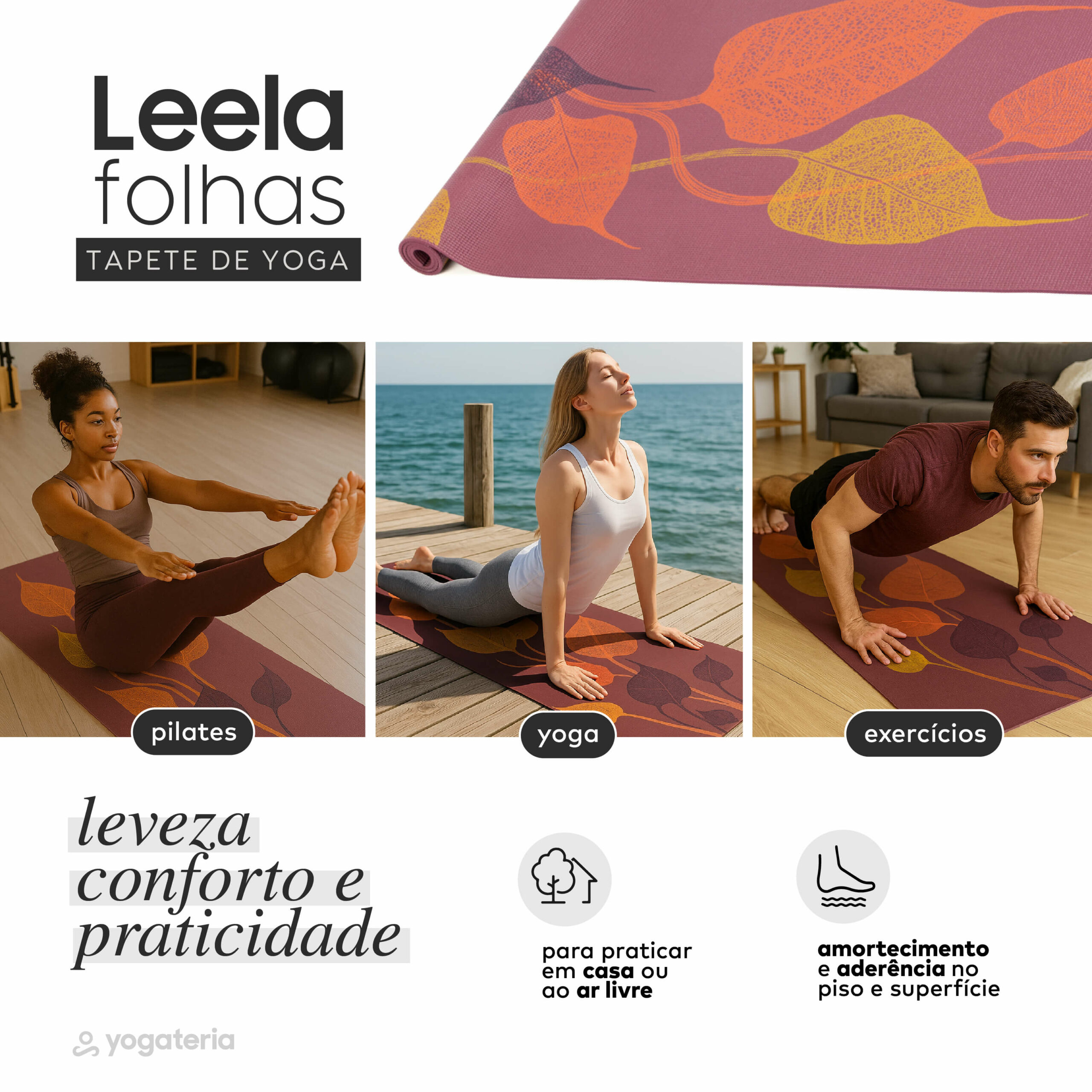 Tapete de yoga estampado Leela Folhas- 4.5mm PVC ecológico 8
