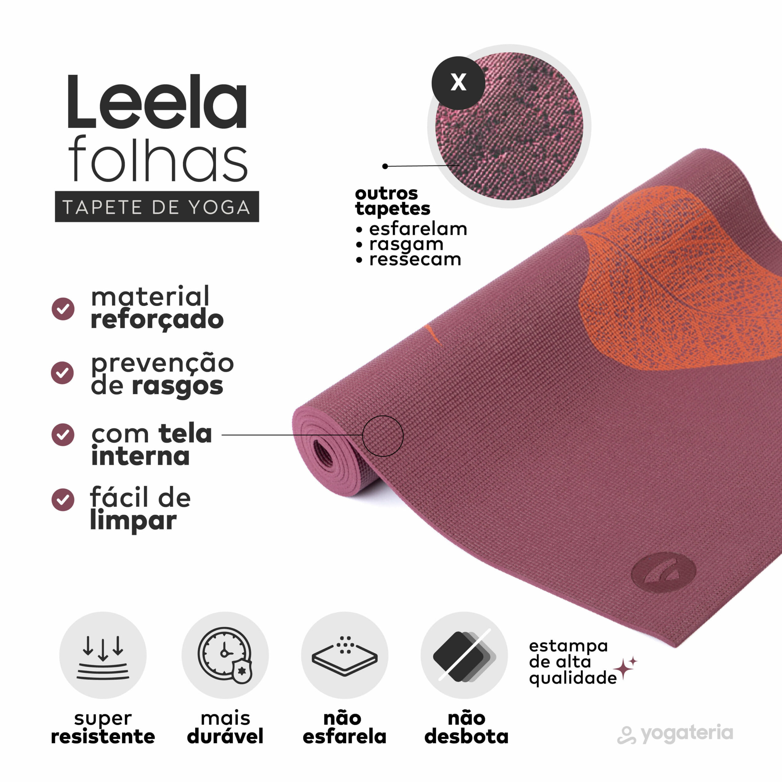 Tapete de yoga estampado Leela Folhas- 4.5mm PVC ecológico 10